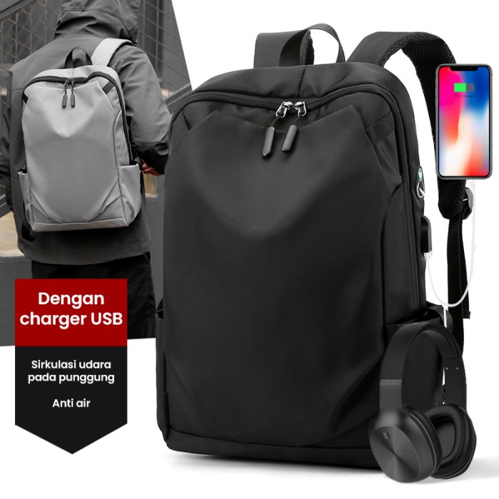 techdoo tas ransel pria usb charge backpack laptop waterproof tr404   hitam