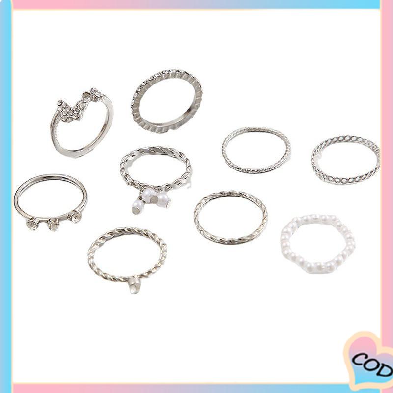 COD❤️ 9 PCS Wanita Tipis Berongga Mutiara Kristal Kupu-kupu Berlian Premium Knuckle Ring Set-A.one