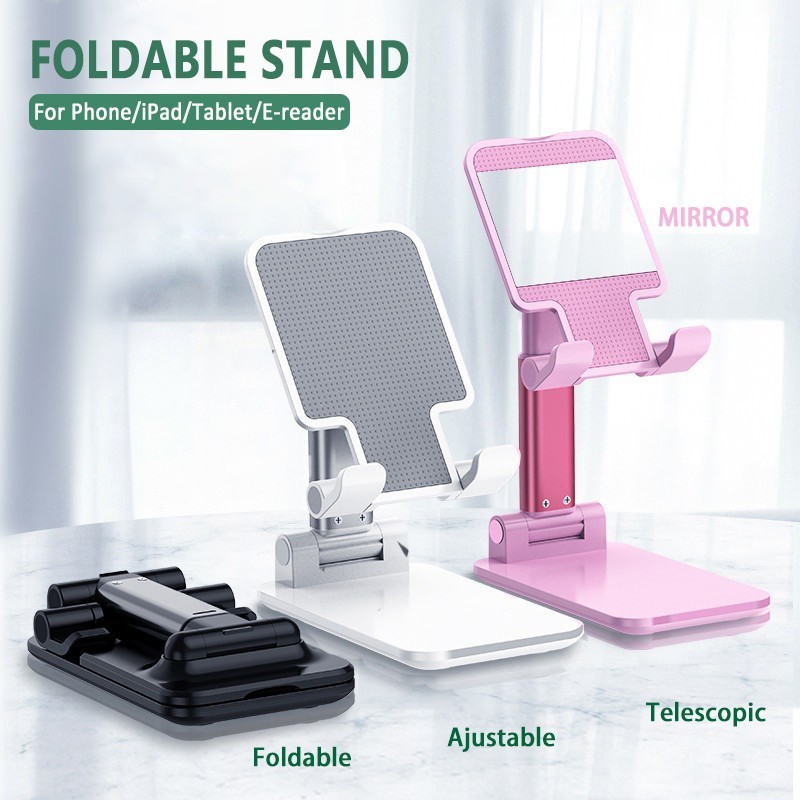 Phone Holder Hp Desktop Foldable Adjustable Angle and Length with Mirror Stand Holder for Phone / Ipad / Tablets / E-readers