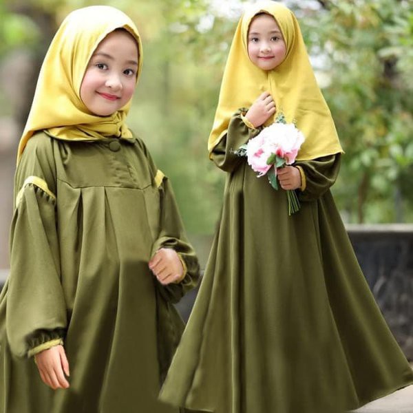Baju Muslim Anak Syari Odelia Kids Army SW - Baju Muslim Anak Perempuan Wollycrepe Army