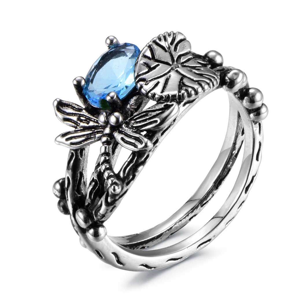 [Ready Stock]Creative Dragonfly Lotus Ring Women's Retro Silver Inlaid Topaz