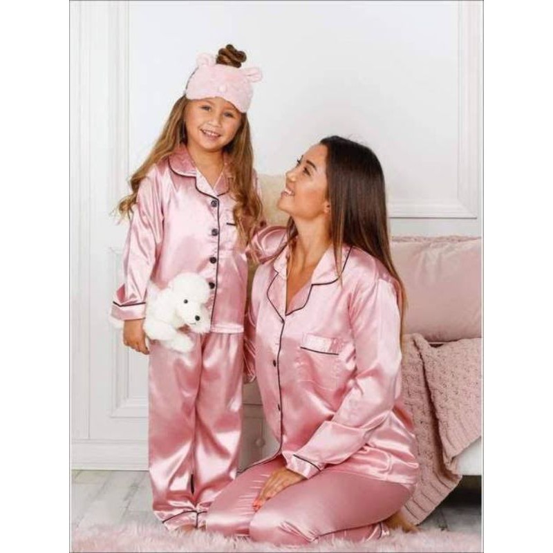 PIYAMA SATIN COUPLE/ PIYAMA SATIN POLOS IBU ANAK/PIYAMA SATIN DASTER IBU
