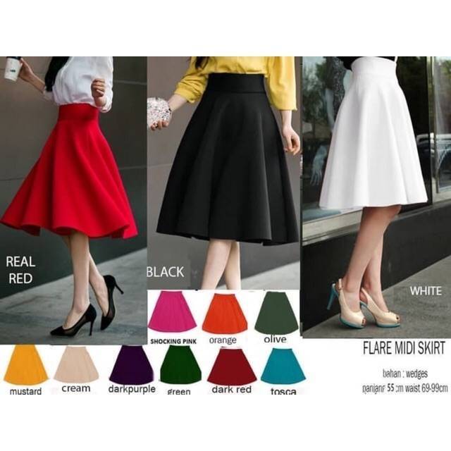 FLARE Midi skirt rok 7per8 rok wedges hitam putih kantor karet