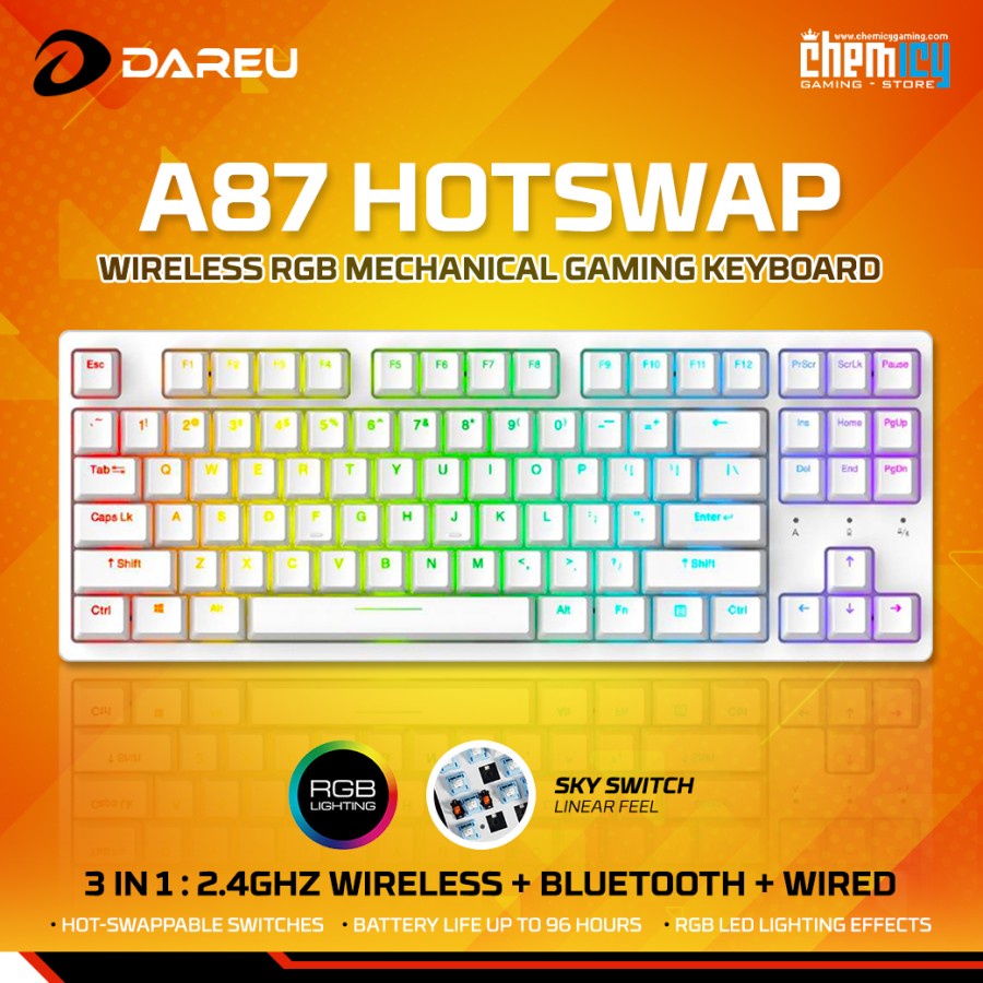 Dareu A87 White Hotswap Wireless RGB Mechanical Gaming Keyboard