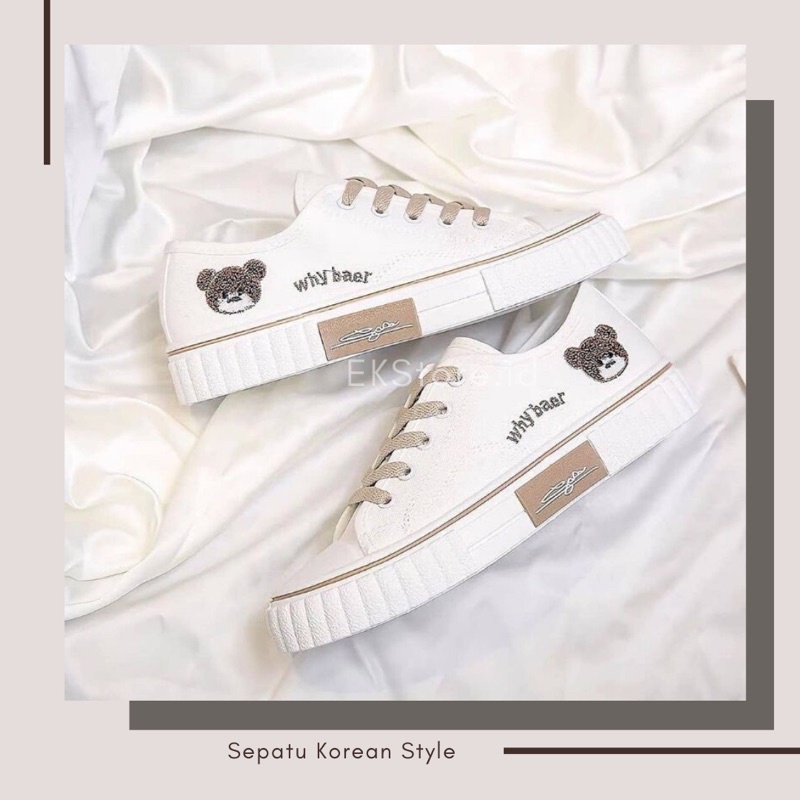 Sepatu Sneakers Kanvas Wanita Import Korea Why Bear Full White / Sepatu Wanita Korean Bisa COD / Free Box