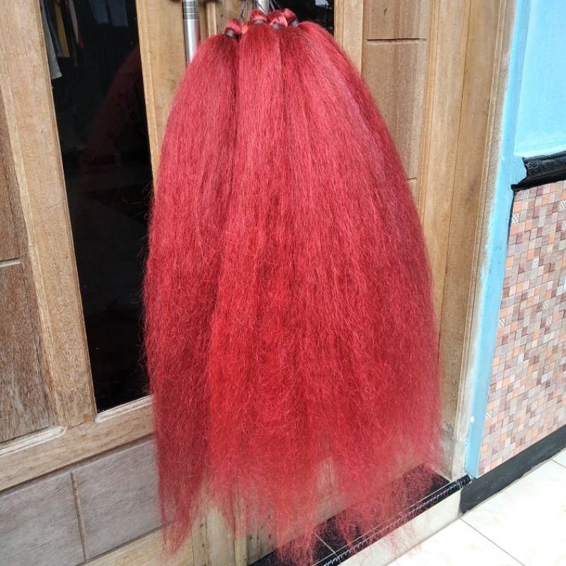 Termurah rambut cemara tanpa tulang warna merah cabe panjang 70cm bahan halus dan nyaman di pakai