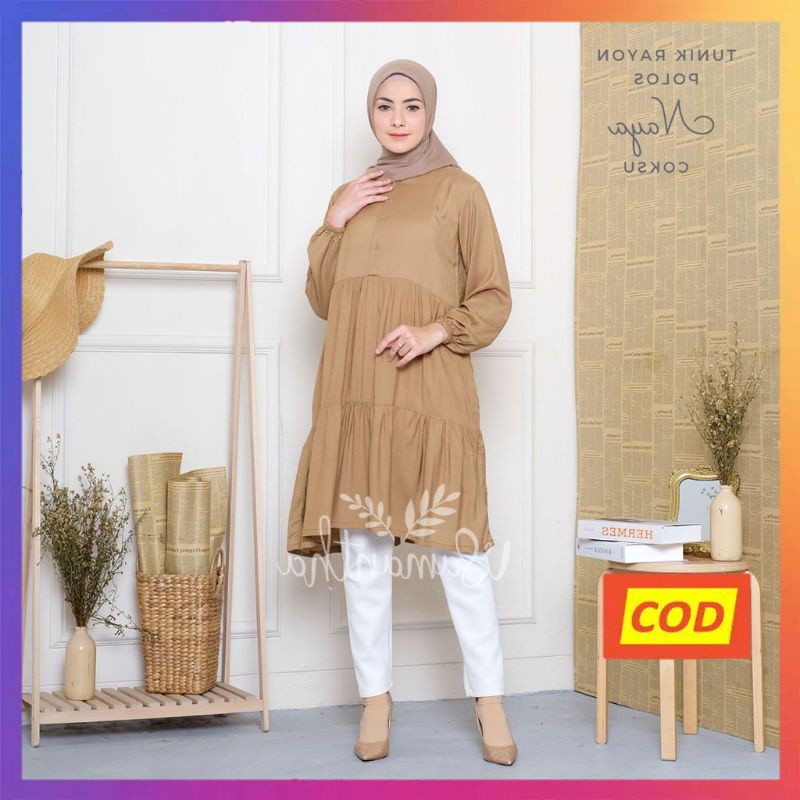 Nanoystore Tunik Muslim Polos Lengan Panjang Motif Rempel Bahan Rayon Premium Warna Coksu