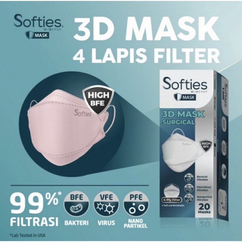 MASKER SOFTIES SURGICAL 3D MASK 4PLY FILTER HIGH BFE VFE PFE MODEL KF94