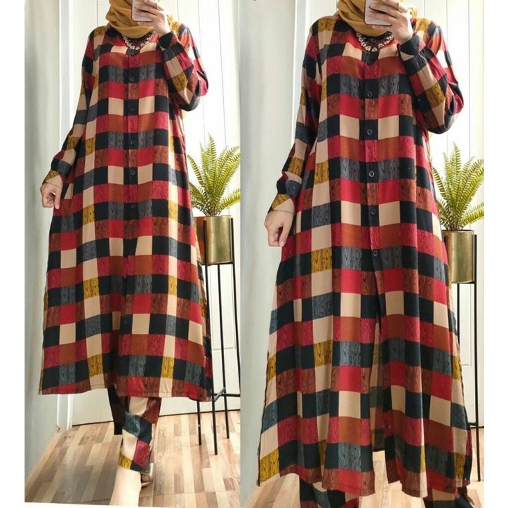 Noela Set merah marun maroon setelan tunik celana cewe muslimah Rayon setcel motif kotak kotak keren