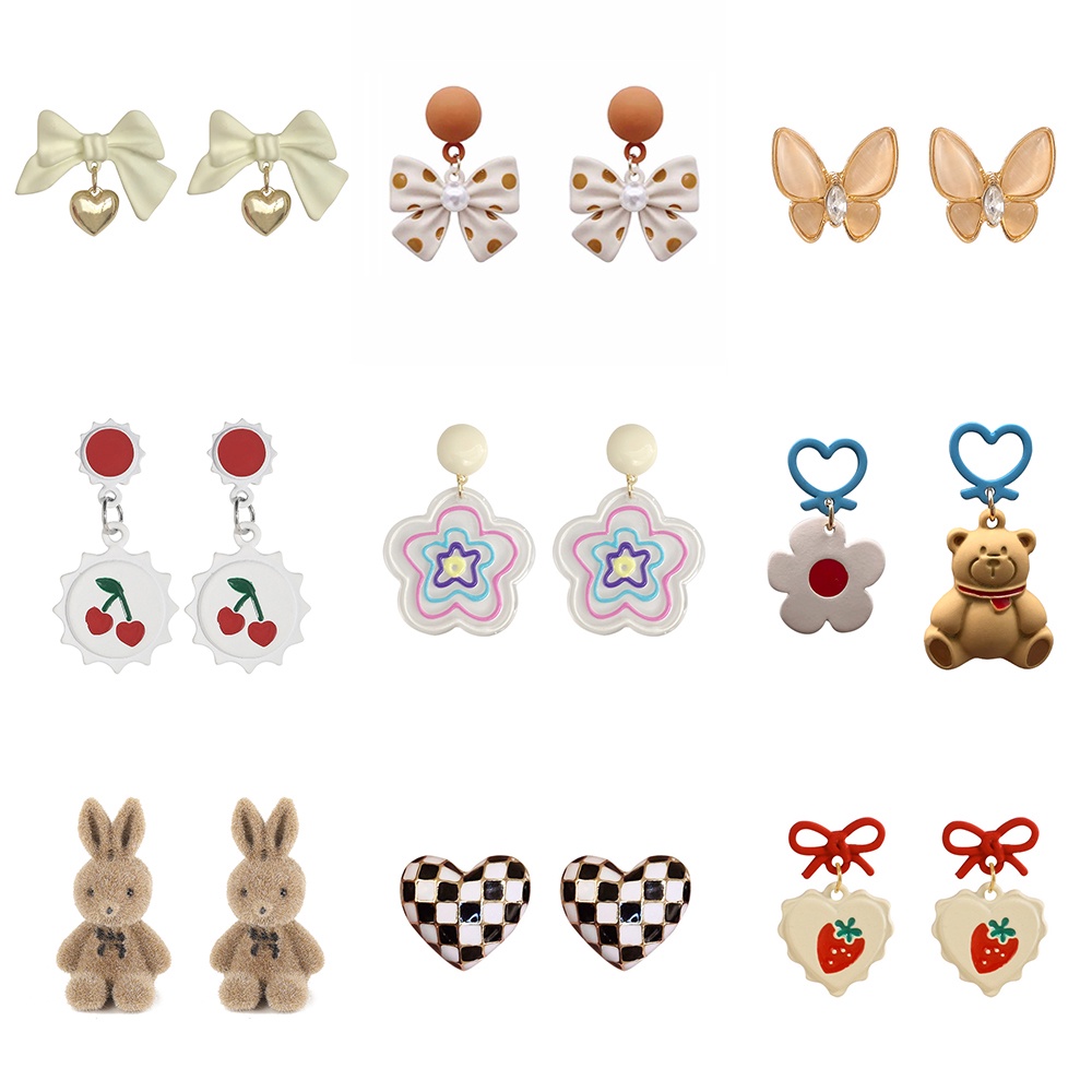 IFYOU Anting Stud Desain Ikatan Simpul Mutiara Strawberry Cherry Bear Gaya Korea Untuk Wanita