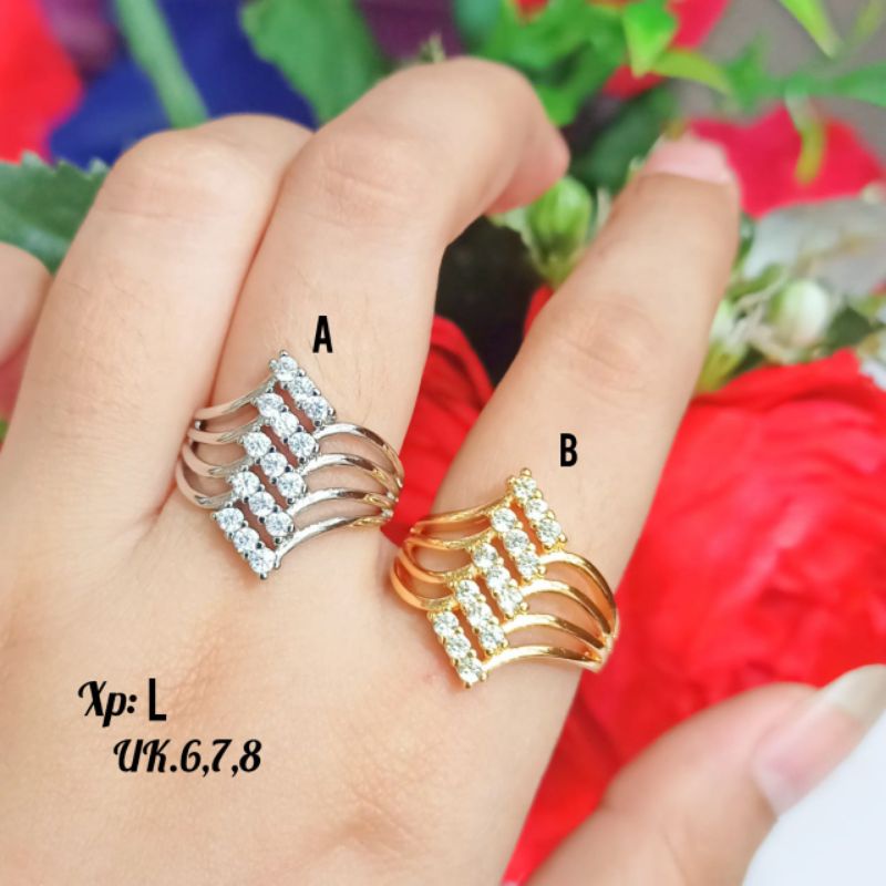 Cincin Dewasa motif strip lima permata Gold&amp;Silver,elok menawan tidak karat *COD*