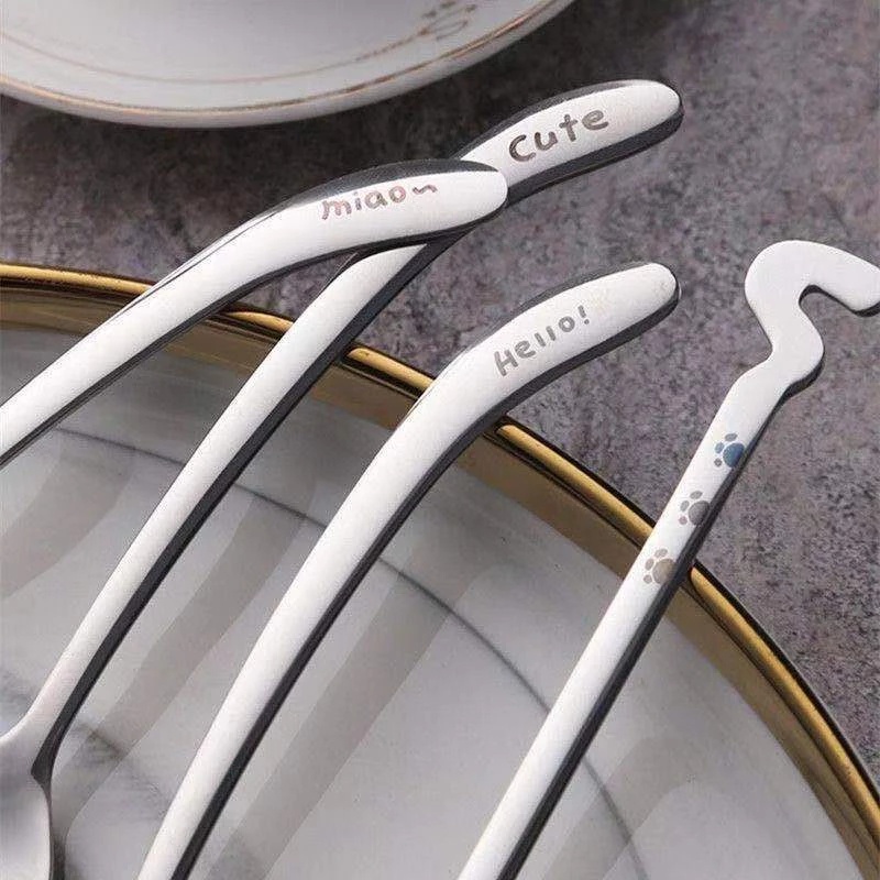 1 Pc Cute Long Tail Cat Coffee Spoon/ Stainless Steel Cat Shape Meal Spoon/ Creative Kitchen Bar Tableware Accessories