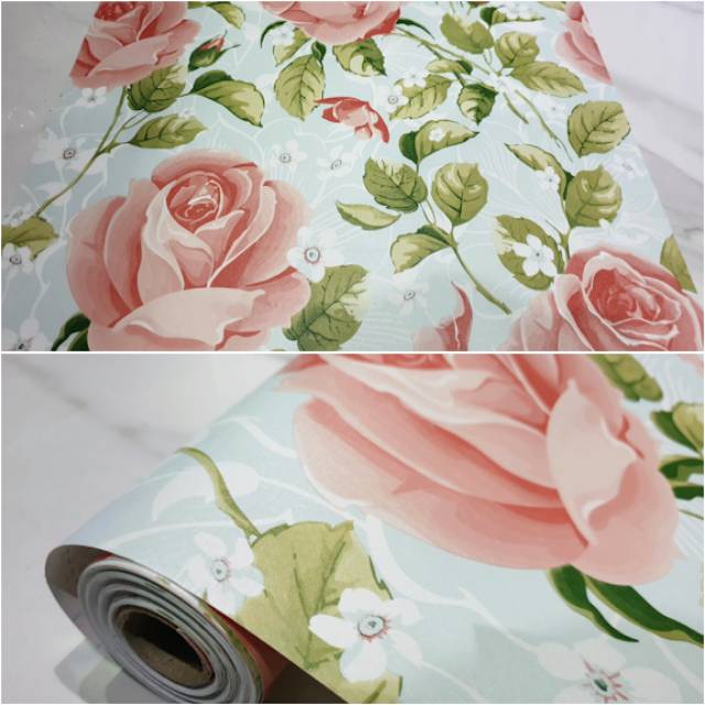 Grosir Murah Wallpaper Stiker Dinding Biru Muda Bunga Mawar Pink Besar Daun Besar Shopee Indonesia