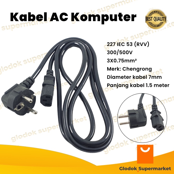 Kabel AC Komputer 3x0.75mm Power CPU Jack Panjang 1.5 meter