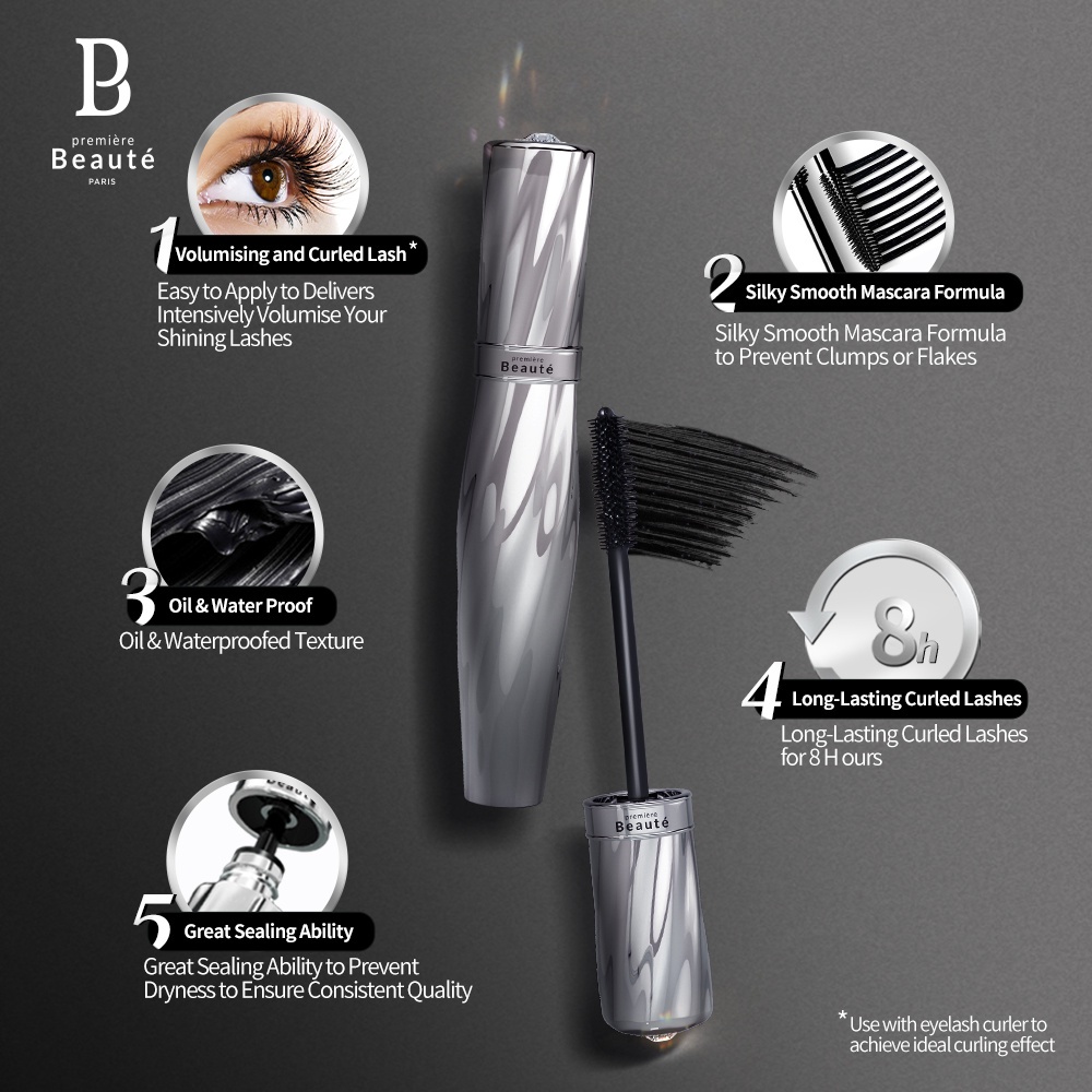 [COD] Premiere Beaute Maskara Curled Lash Waterproof Mascara Reshape Bushy Volum Silver Swirl Series