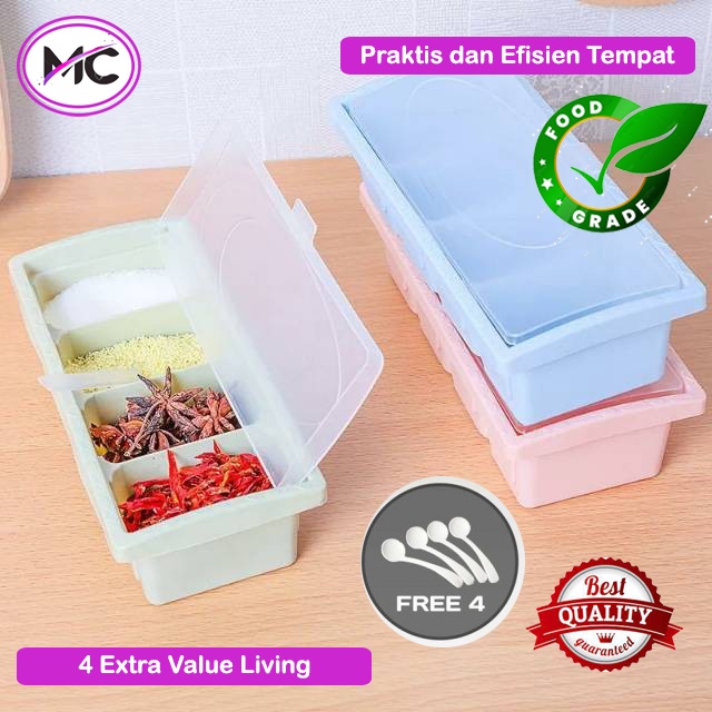 Tempat Bumbu Dapur Set 4 Sekat Besar Gratis Sendok Takar Bumbu Murah Praktis Kotak Bumbu Plastik Anti Pecah
