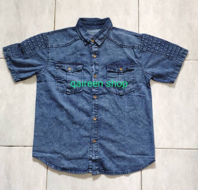 Baju Kemeja distro pria DJALTON Baju Kemeja pria jeans wash kemeja jeans lengan pendek good quality