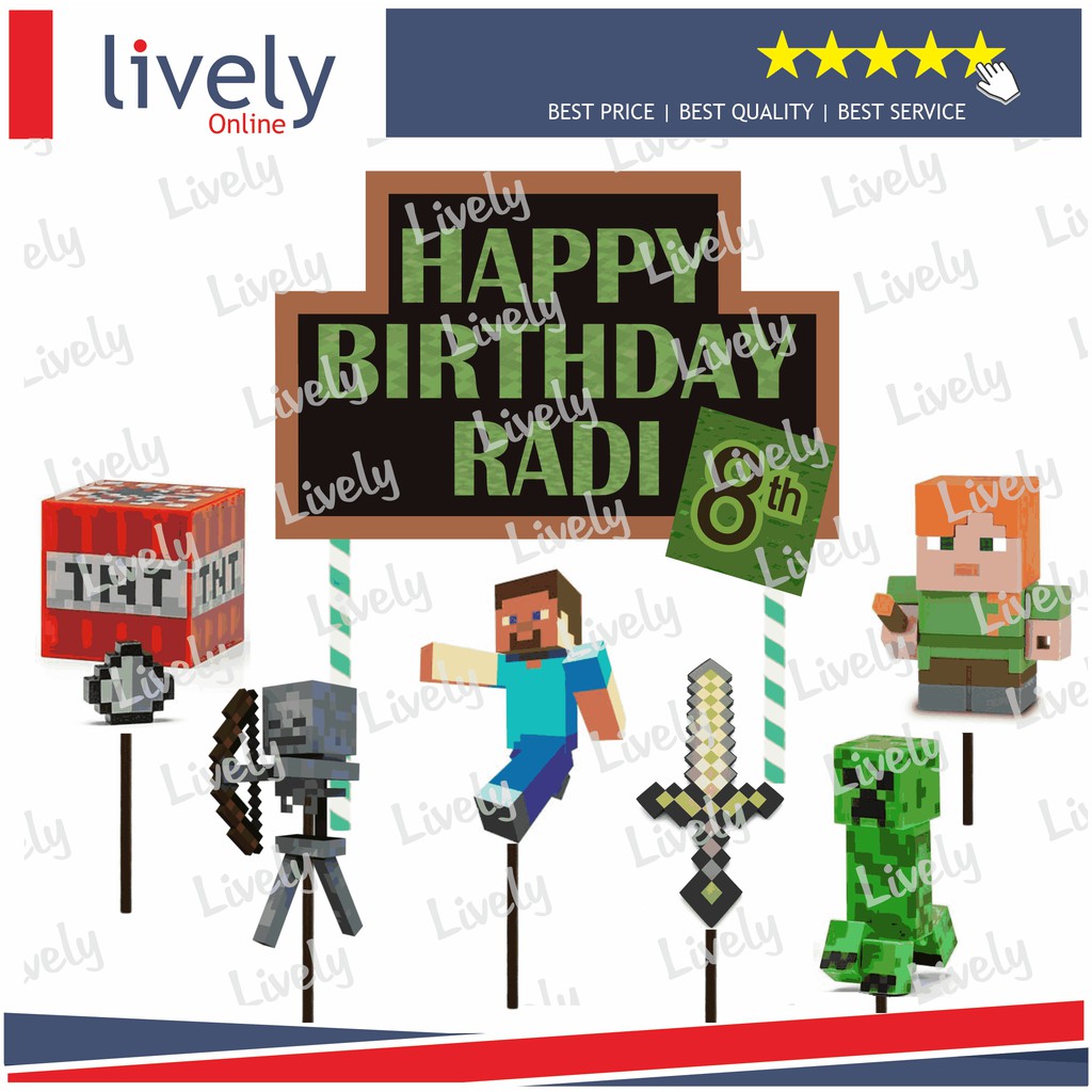 CAKE TOPPER KARAKTER HIASAN KUE HBD HAPPY BIRTHDAY CUSTOM NAMA MINECRAFT 01 set