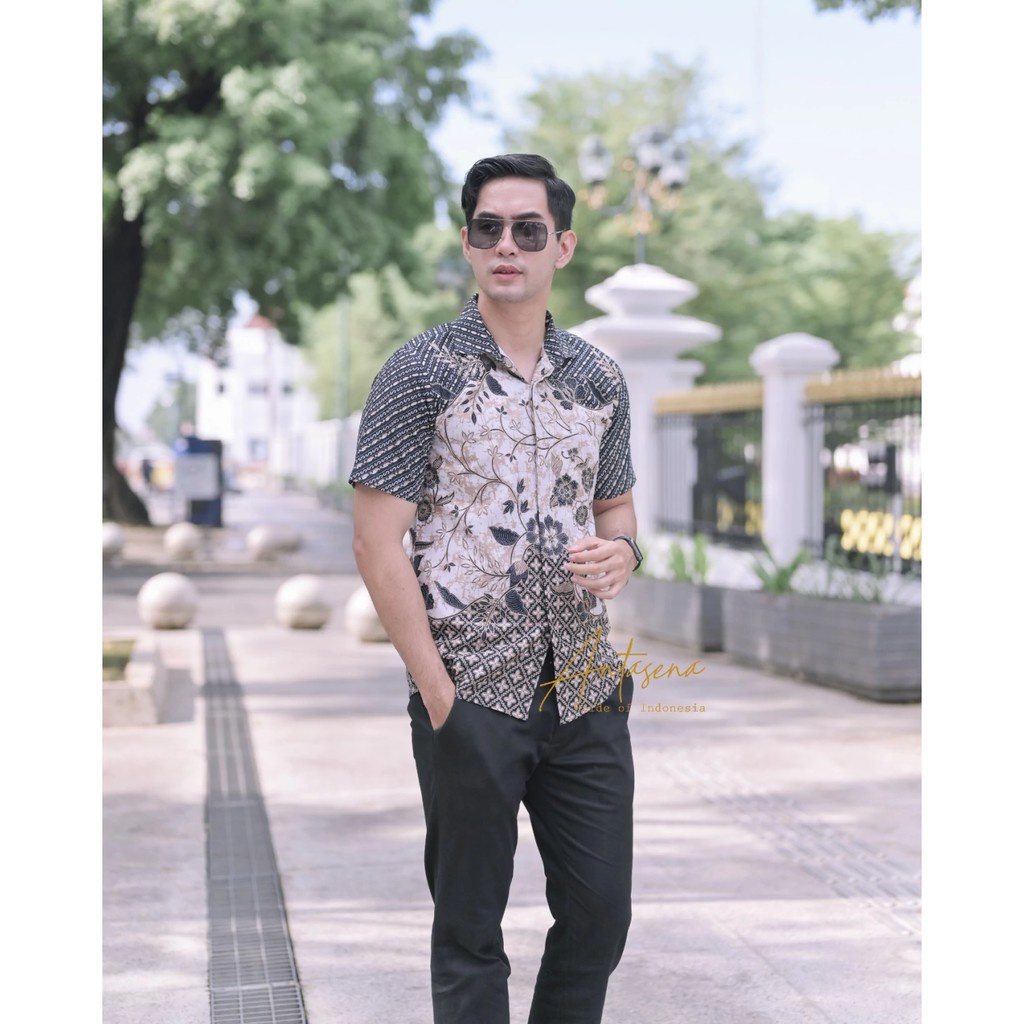 MELANDING Baju Kemeja Batik Pria Lengan Pendek Slimfit Lapis Furing Katun Halus Premium Modern Sragenan