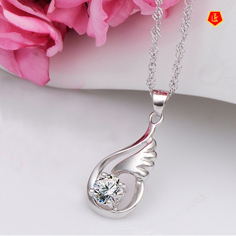 [Ready Stock]Sweet Temperament Korean Style Angel Wings Silver Necklace Female Purple Crystal Pendant