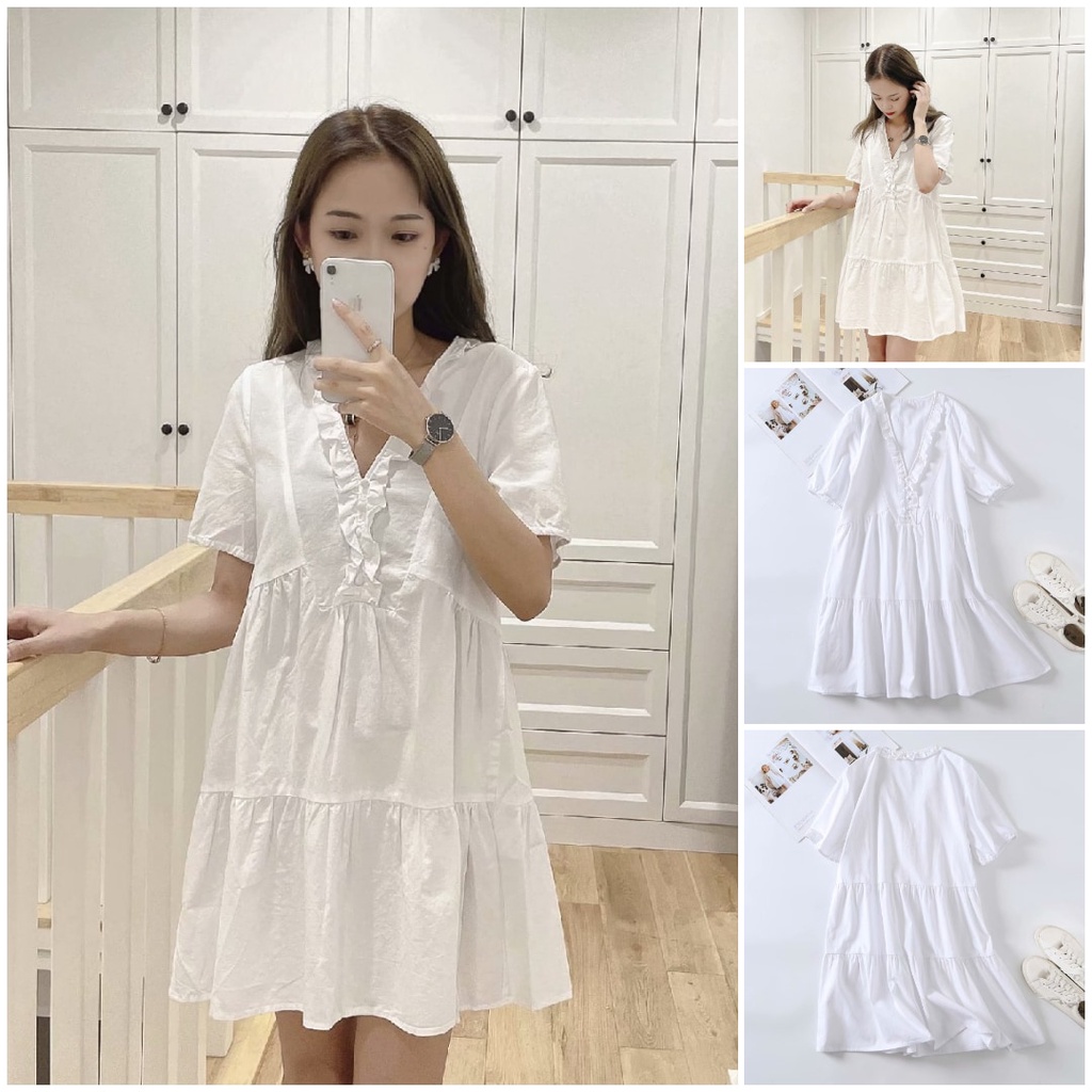 DRESS MIDI PUTIH WANITA GAYA V NECK BORDIR PREMIUM/DRESS PUTIH V NECK 6VEN3153