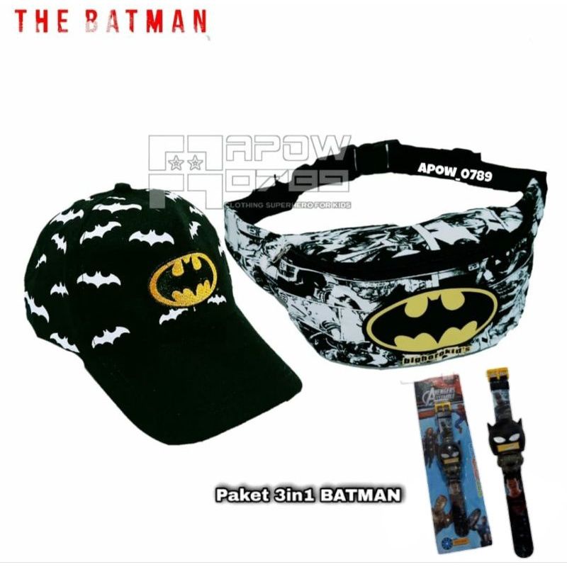 Tas Slempang Anak Laki-laki Batman 3in1 Gratis Topi dan Jam Tangan Pencet