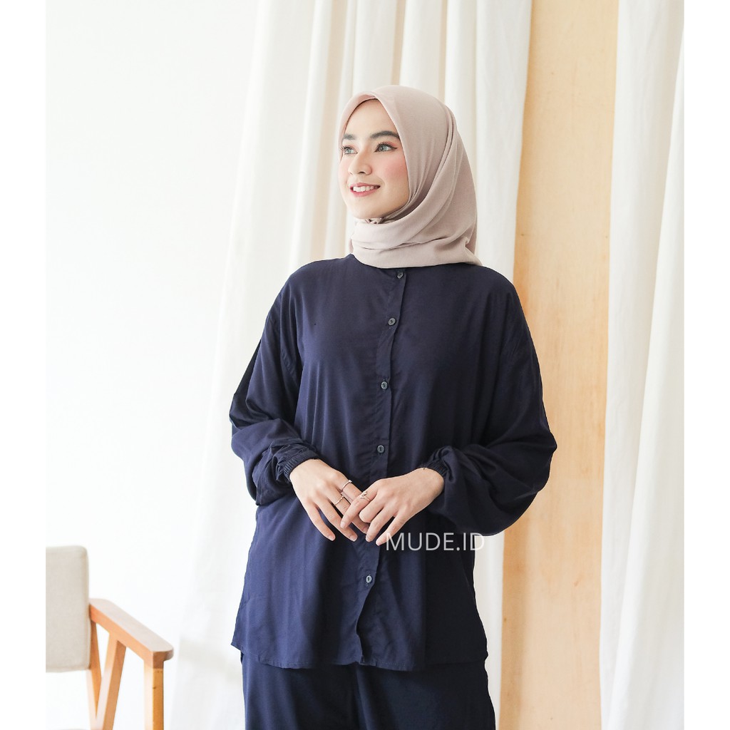 Pajamas tangan panjang Busui kerah oblong / Setcel piyama katun rayon polos kekinian full kancing