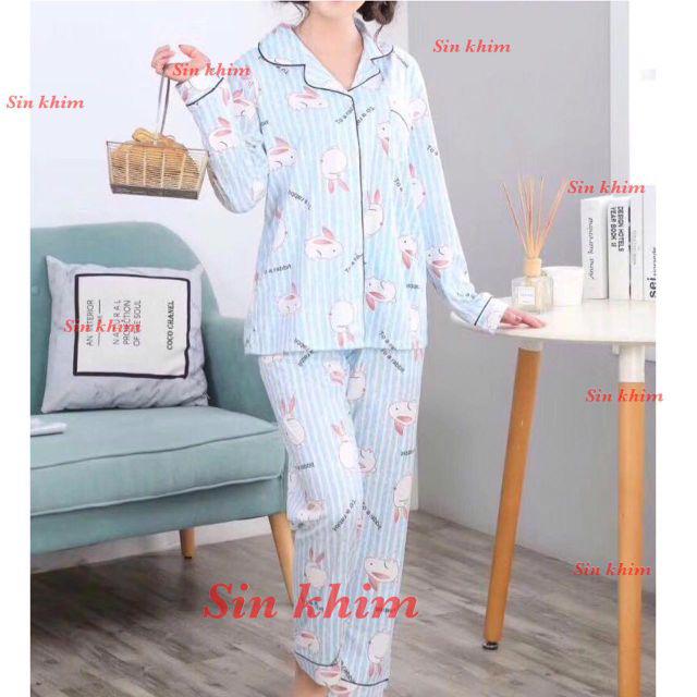 Baju Tidur Wanita / Cewek Piyama Import Bahan Kaos Tebal Aneka Motif All Size L Varian PP-Saluran blue