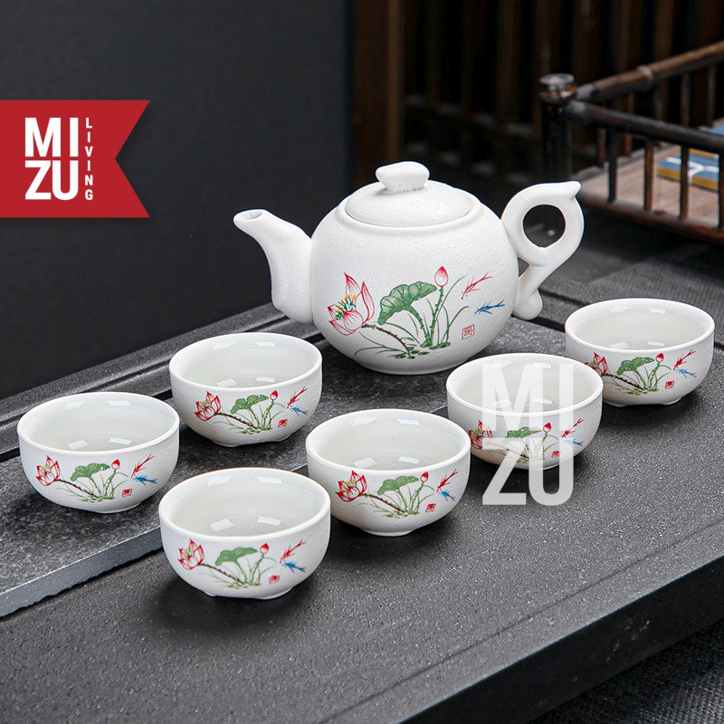 LOTUS Classic Chinese Tea Pot SET 6 Cups Textured Ceramic With Gift Box Teko 6 Cangkir Teh Keramik-5