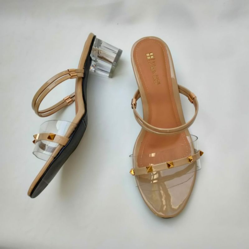 Sandal Makazi Wanita Big Size 41 42 43 44 45 / Slop Valentino Hak Kaca 5cm JUMBO Besar Heel Krem, 41