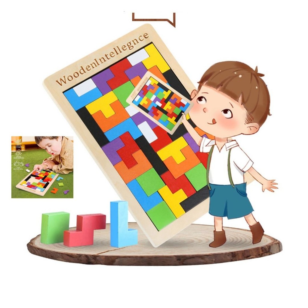 Puzzle Tangram Tetris 1D Wood Mainan Kayu Edukasi Multicolor 111124