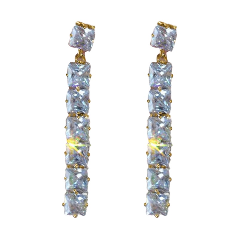 Anting Juntai Bentuk Persegi Bahan Cubic Zirconia Warna Silver Untuk Wanita