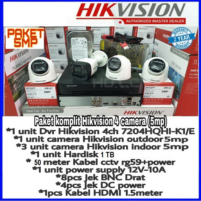 PAKET CCTV HIKVISION 5MP 4 CHANNEL HDD 1TB SIAP PASANG - DUAL LIGHT