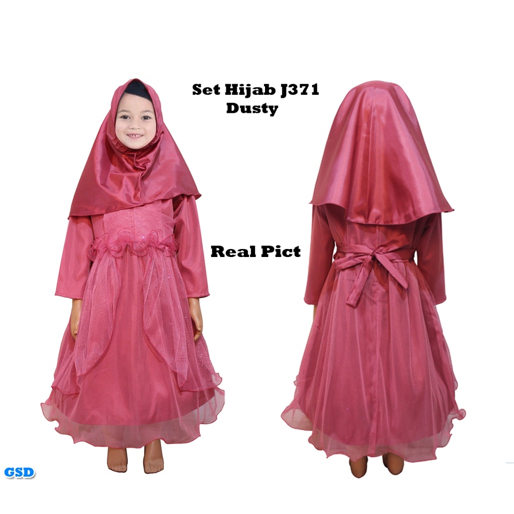 Set Hijab j371 / Baju Anak Perempuan / Baju Gamis Muslim Anak / Maxi Dress + Krudung  Usia 3-5 Tahun
