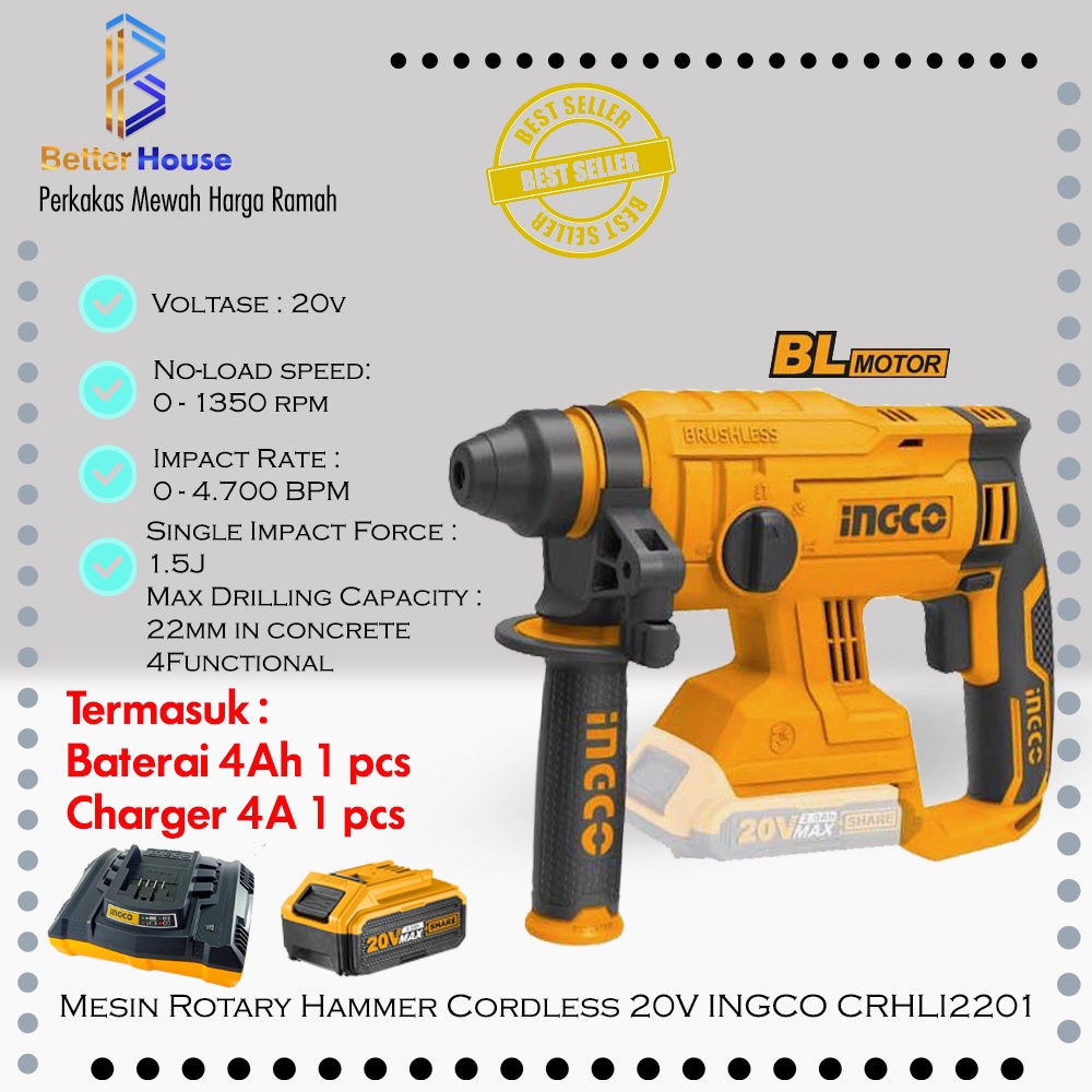 MESIN BOR PALU ROTARY HAMMER CORDLESS 20V BATERAI 4AH INGCO CRHLI2201