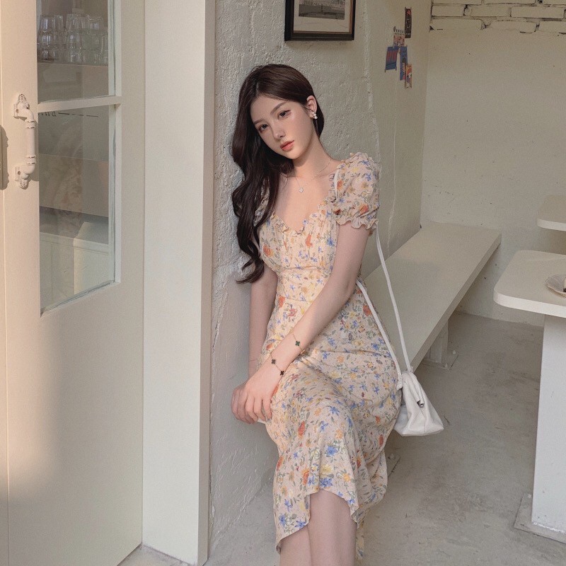 D0335 ALMA KOREAN FLORAL SABRINA VINTAGE MIDI DRESS PANTAI MUSIM PANAS SUMMER GAYA RETRO