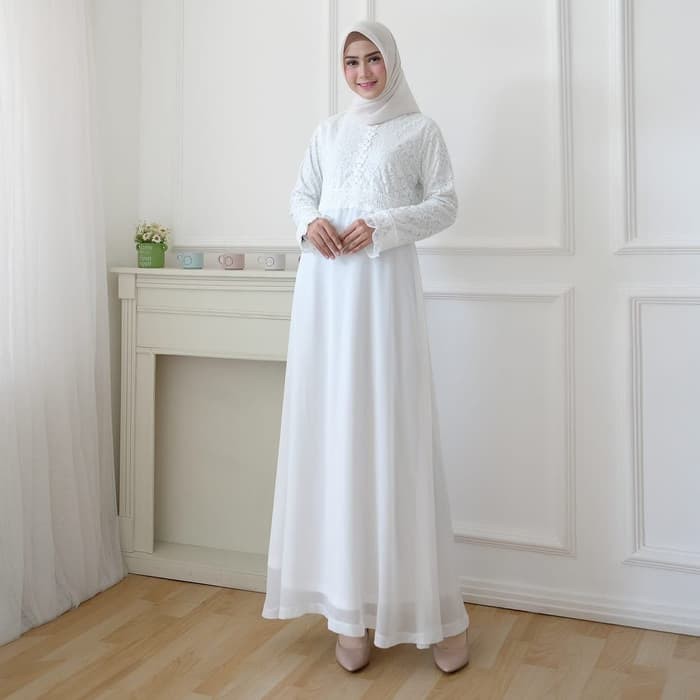BEST SELLER Gamis Putih polos  TERBARU Kombinasi Brokat Putih Umroh-Pesta #811 ELEGAN 100% ORI