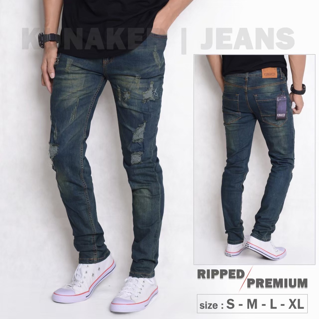 Celana Jeans Pria Sobek Lutut - 3 RIPPED - S, M, L, & XL - Biru Gelap - Celana Jeans Ripped Lois Jel