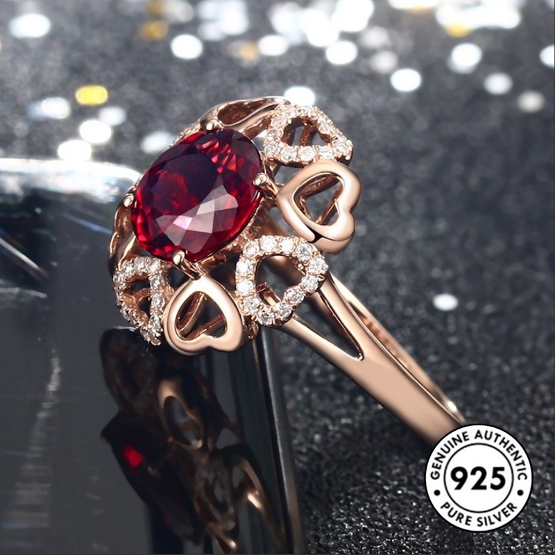 Cincin Sterling Silver 925 Dengan Ruby Bentuk Hati Warna Rose Gold Untuk Wanita