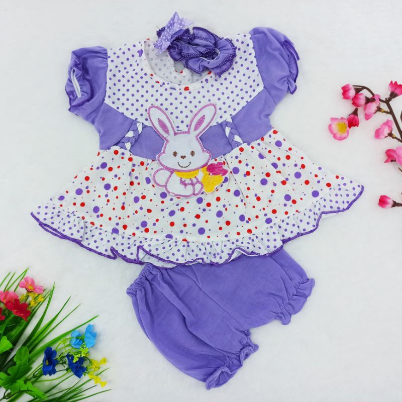 Setelan Baju Bayi 0-9bulan / gratis Bando / Baju Anak Bayi Perempuan Bahan Kaus Set