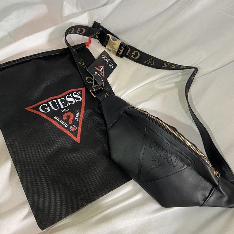 Waist bag Pria Leather Guess Gold With Dustbag / Tas Pinggang Pria Kulit Guess FullSet dengan DustBa