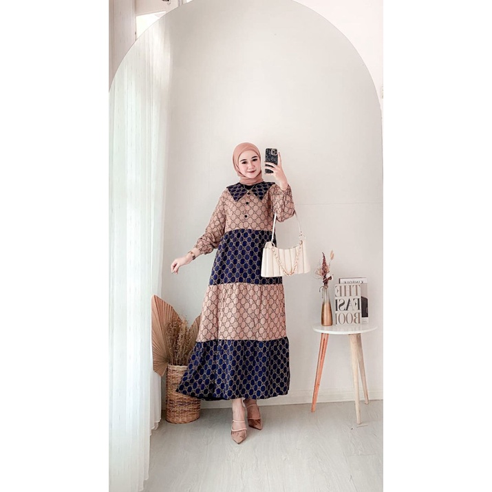 Dress Motif gucci Gamis Terbaru 2022 Long Dress Kekinian Ld 110 Bahan Rayon Premium Busui Sleting De