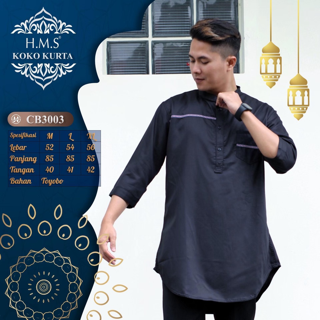 HMS baju muslim pria lengan tiga perempat baju muslim kurta warna navy art KODE CB3001