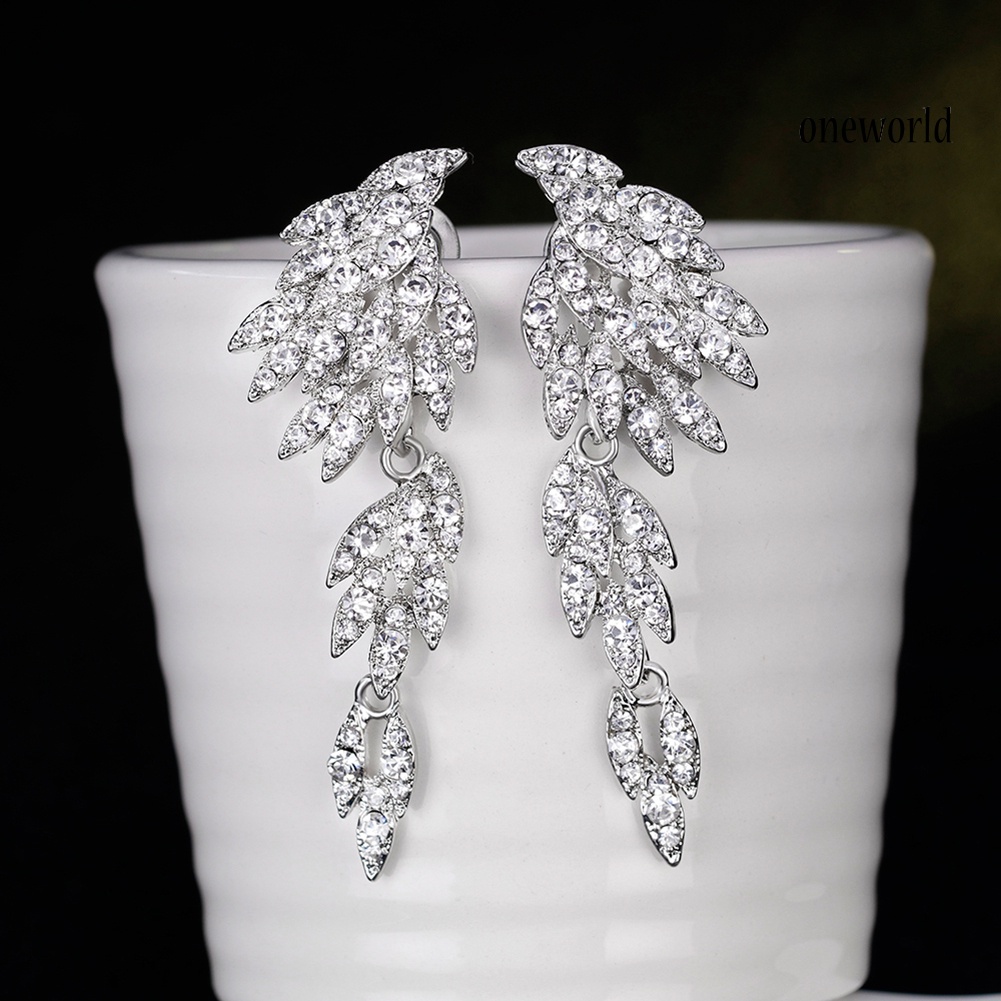 OW@ Elegant Full Rhinestones Wing Dangle Drop Pierced Earrings Women Wedding Jewelry