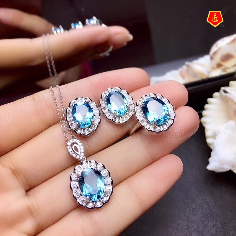 [Ready Stock]Blue Natural Topaz Set Rings Ear Studs