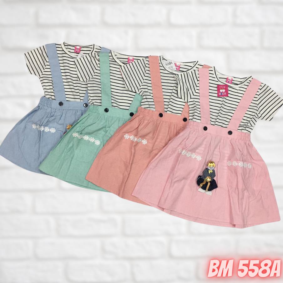 BM558A BAJU PAKAIAN ANAK PEREMPUAN JUMPSUIT ROK KODOK DRESS BABY MOON GROSIR