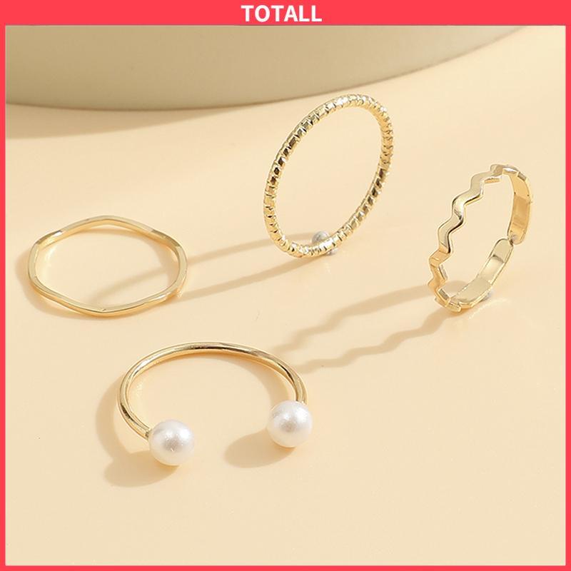 COD 4 Pcs/set Korea Cincin Emas Untuk Wanita Sederhana Mutiara Elegan Cincin Set Dapat Disesuaikan Terbuka Perhiasan Hadiah-Totall