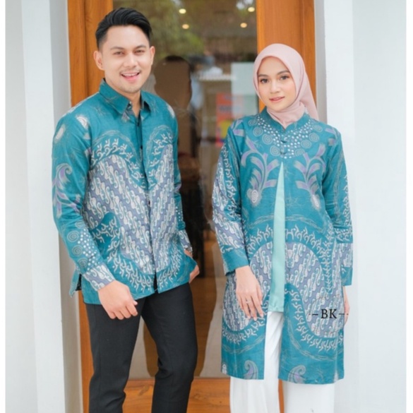 Baju Batik Couple Batik Wanita Sarimbit Batik Pasangan Katun Lengan Panjang Motif Seno Hijau TOsca
