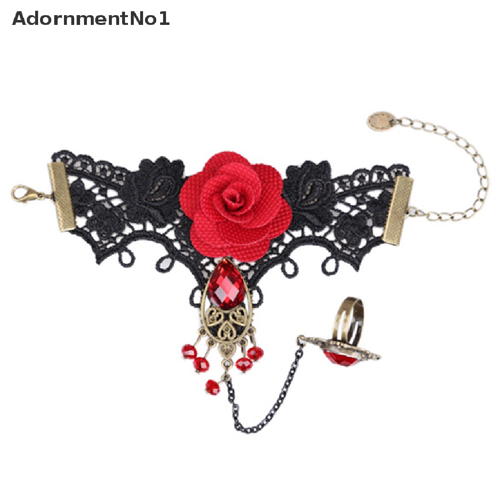 (AdornmentNo1) Gelang Tangan Lace + Cincin Adjustable Motif Bunga Mawar Merah Gaya Gothic Untuk Wanita