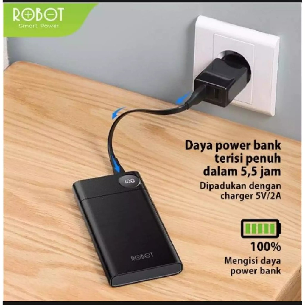 POWERBANK ROBOT RT190 DUAL INPUT 10000 MAH LED DISPLAY INDICATOR GARANSI RESMI ROBOT